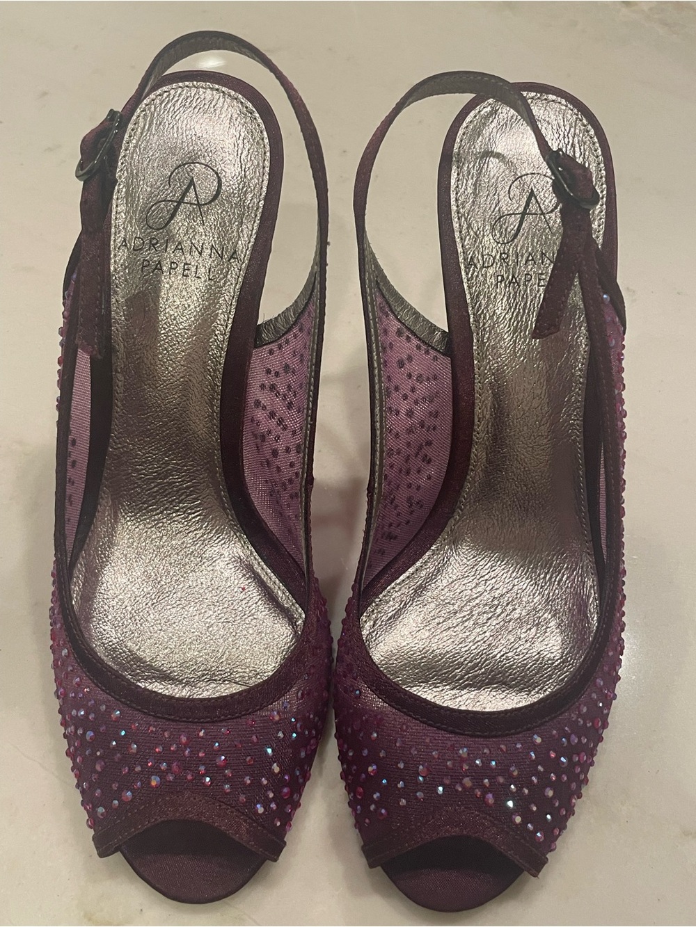 Adrianna Papell Plum Crystal Slingback Peep-Toe Heels